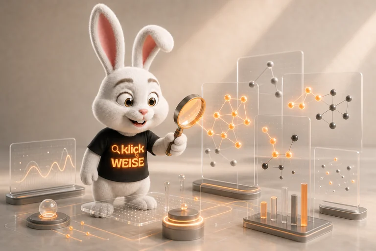 Klickweise-Maskottchen visualisiert LLM Sichtbarkeitsindex in einer eigenständigen Mess- und Analyseszene.